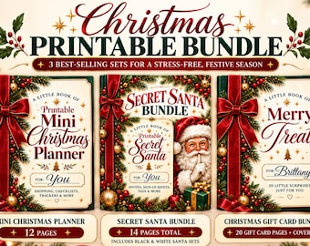 May include: A Christmas printable bundle featuring three booklets: a Mini Christmas Planner, a Secret Santa Bundle with a Santa Claus illustration, and a Merry Treats gift card bundle. Each cover displays festive red bows, pine branches, and gold ornaments.