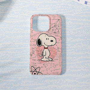 May include: A light pink phone case featuring a cartoon dog with a red collar centered on the back. The surface is covered in black mathematical formulas, geometric shapes, and equations, including 2=a+bi, P(A), and an atom symbol at the bottom.