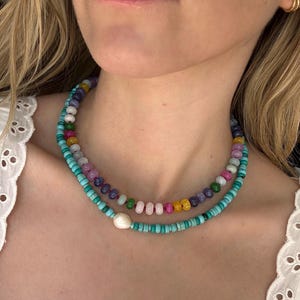 Baroque Pearl Mediterranean Turquoise Handmade Gemstone Beaded Carabiner Necklace | 14K Gold Filled Clasp | Summer Beach Necklace