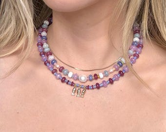 Collier de perles fait main avec breloque poisson méditerranéen | Fermoir en or 14 carats | Pièce unique | Collier d'été