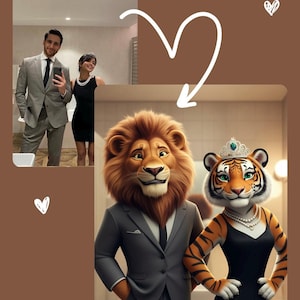 Aangepast Wees de dierenanimatie die je wilt Aangepaste dierenanimatie Portret van foto Cartoonstijl Koppel geniet van cadeau Digitale downloads