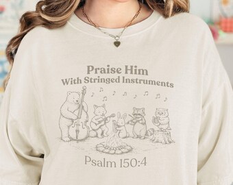Psalm 150:4 Christian Shirt, Comfort Colors 1717, Woodland Animals Stringed Instruments Tee, Faith Graphic Top, Worship Musician Shirt