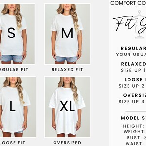May include: A white t-shirt size guide with models wearing different sizes: S, M, L, and XL. The guide provides fit recommendations: Regular, Relaxed, Loose, and Oversized. Model stats include height 5'5", weight 130 lbs, bust 36", and waist 27".