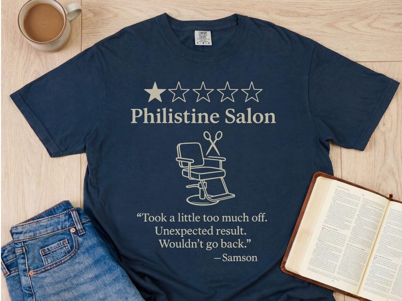 Philistine Salon Funny Bible Shirt, Samson Haircut Christian Tee, Reformed Humor Shirt, Comfort Colors Unisex Tee Midnight