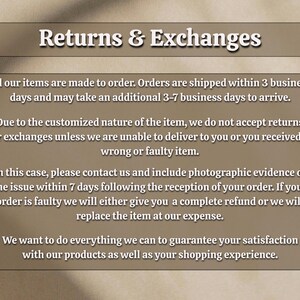 May include: A graphic with the heading "Returns & Exchanges" detailing the shop's policy. It states items are made to order, with a 3-7 business day delivery. It also covers returns and faulty items.