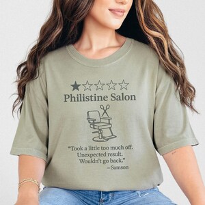 Philistine Salon Funny Bible Shirt, Samson Haircut Christian Tee, Reformed Humor Shirt, Comfort Colors Unisex Tee Khaki