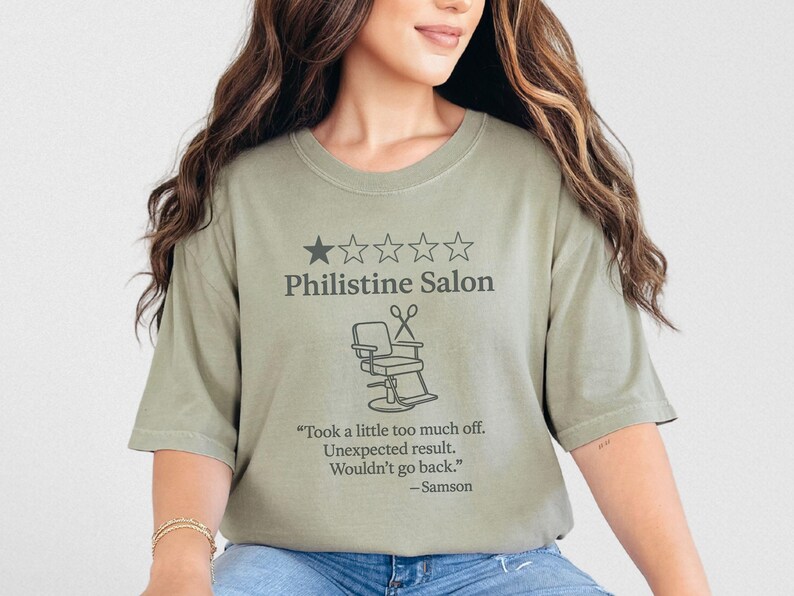 Philistine Salon Funny Bible Shirt, Samson Haircut Christian Tee, Reformed Humor Shirt, Comfort Colors Unisex Tee Khaki