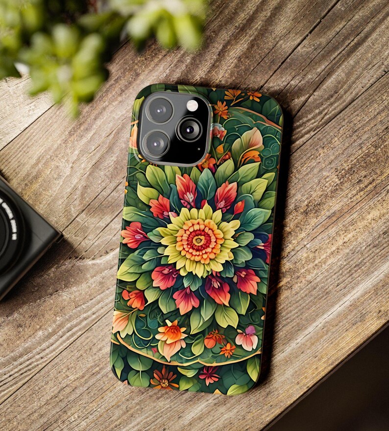 Vibrant Floral Slim Phone Cases, Mandala Botanical Design, Unique Gift for Nature Lovers, Spring Decor, Stylish Girly Valentine Romantic image 1