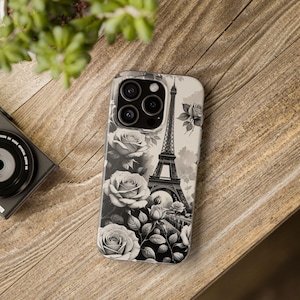 Elegant Parisian Flexi Case, Eiffel Tower Phone Protector, Black White Floral Smartphone Cover, Chic Gifts for Her, Travel Lover Accessory