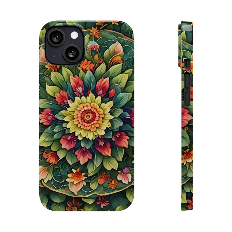 Vibrant Floral Slim Phone Cases, Mandala Botanical Design, Unique Gift for Nature Lovers, Spring Decor, Stylish Girly Valentine Romantic image 2