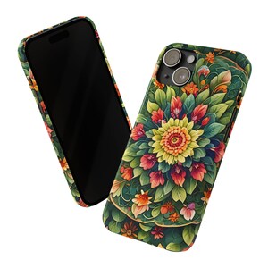 Vibrant Floral Slim Phone Cases, Mandala Botanical Design, Unique Gift for Nature Lovers, Spring Decor, Stylish Girly Valentine Romantic image 9