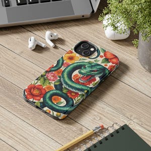 Serpent Floral Tough Phone Case, Chinese New Year of the Snake, Nature Lovers, Stylish Flower Colorful Eco-Friendly, Boho Decor