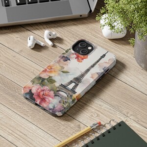 Watercolor Tough Eiffel Tower iPhone Galaxy Case, Floral Valentine Chic, Paris Travel Lover Vacation Accessory, Unique Pretty Paris Decor