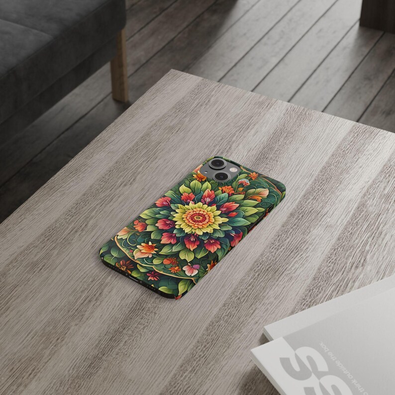 Vibrant Floral Slim Phone Cases, Mandala Botanical Design, Unique Gift for Nature Lovers, Spring Decor, Stylish Girly Valentine Romantic image 3