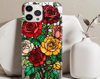 Stained Glass Rose Tough Phone Case, Stain Glass Floral Protector, Gift Her, Vintage Style, Rose Design, Girlfriend Valentine's Mother's Day