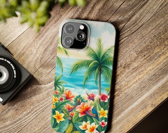Tropical Floral Slim Phone Case, Beachy iPhone Cover, Summer Accessories, Gift for Her, Travel Vacation Girly Pretty Vibe Case, Spring Beach