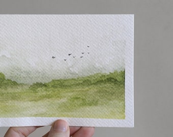 Original Watercolor Painting 4"x6" - Dreamy Landscape - Trees, Meadow, & Birds