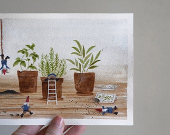 Original Watercolor Painting - Potted Herbs & Gnomes - "Troublemakers"