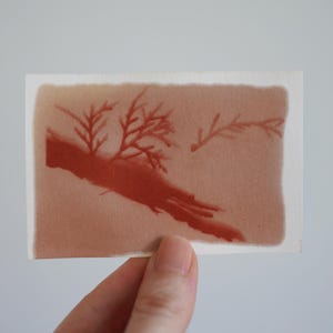 May include: A rectangular piece of paper featuring a soft, muted brown background with a dark red, hand-painted illustration of a thick, diagonal branch extending from the bottom left, with delicate, leafless twigs branching upward.