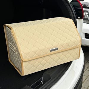 Beige Leather Car Trunk Organizer – Elegant Quilted Storage Box | Waterproof, Foldable & Universal | SUV, Sedan, Truck Car Accessories