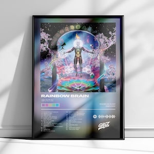 Könnte beinhalten: Ein gerahmtes Poster für das Album Rainbow Brain von Griz. Das Kunstwerk zeigt eine zentrale Figur mit leuchtendem Kopf und geometrischen Mustern, umrahmt von Steinsäulen und rosa Bäumen. Der Text enthält den Albumtitel und die Titelliste.
