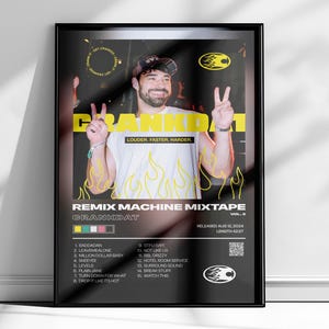 May include: Black framed poster featuring a smiling man making a peace sign. The poster has the text "CRANKDAT" in yellow, with the words "Louder. Faster. Harder." below. It also lists the tracks from the "REMIX MACHINE MIXTAPE VOL. 2".