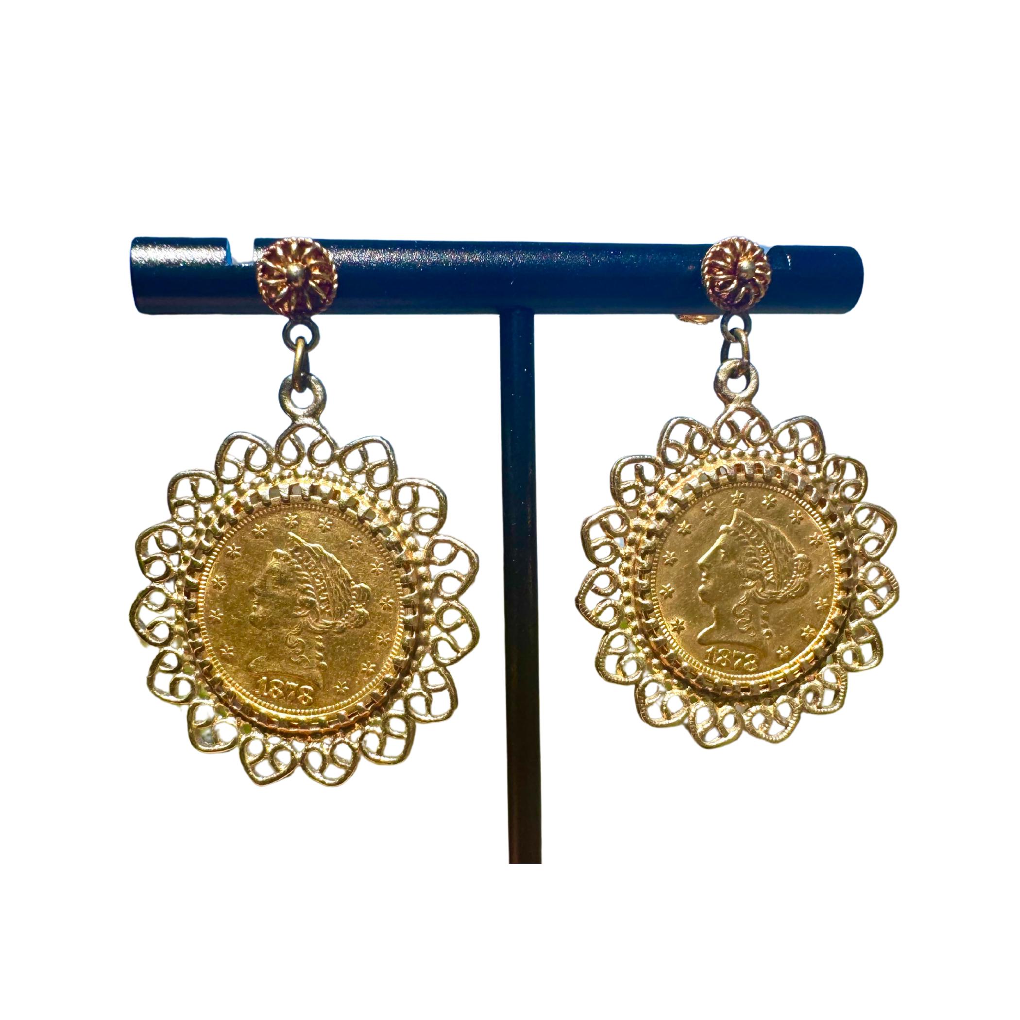Vintage US 2.5 Dollar 1878 Gold Piece Coin Dangle Drop 14K