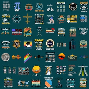 Puede incluir: Una colección de 36 diseños gráficos coloridos con aviones, pilotos y frases sobre el tema de la aviación. Los diseños son perfectos para camisetas, tazas y otros productos.