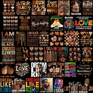 May include: A collage of colourful illustrations and text celebrating Black History Month. The images include hearts, books, crayons, and portraits of Martin Luther King Jr. The text includes phrases like "I'm Black History", "Dream Like King", and "Blackity Black".