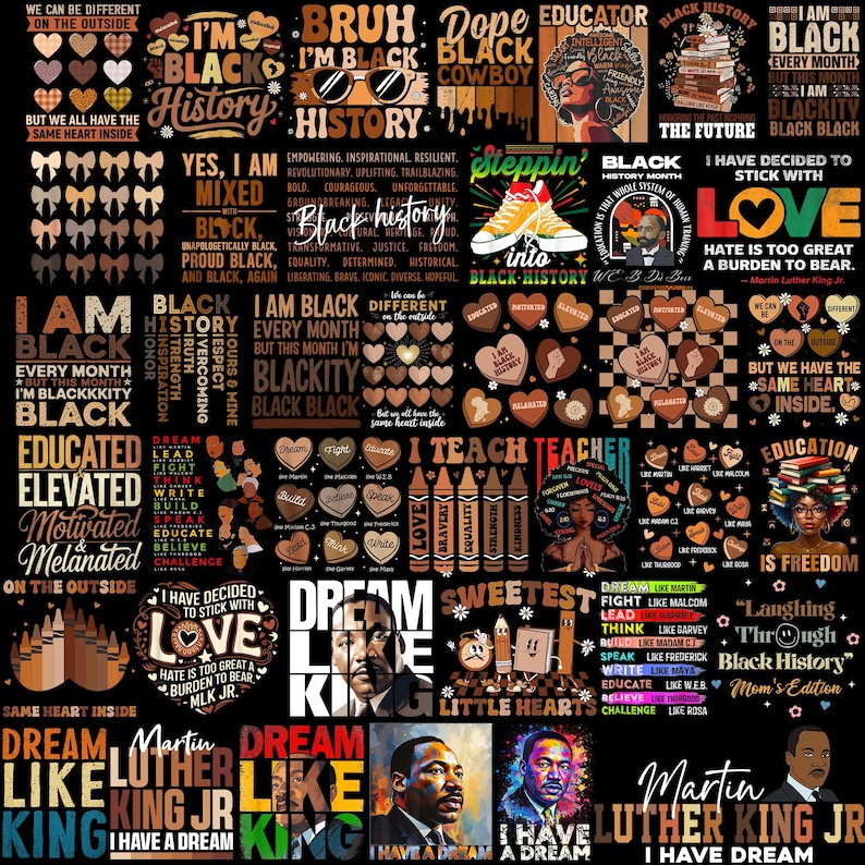 May include: A collage of colorful illustrations and text celebrating Black History Month. The images include hearts, books, crayons, and portraits of Martin Luther King Jr. The text includes phrases like "I'm Black History", "Dream Like King", and "Blackity Black".
