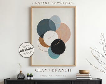Abstract Circles Art Print: Mid-Century Modern Blue Beige (Digital Download)