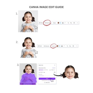 Op de afbeelding: Een stapsgewijze handleiding voor het bewerken van afbeeldingen in Canva. De gids toont een jong meisje dat een glas melk vasthoudt, met de stappen gemarkeerd met een muiscursor en een paarse selectie. De tekst "CANVA IMAGE EDIT GUIDE" staat bovenaan.