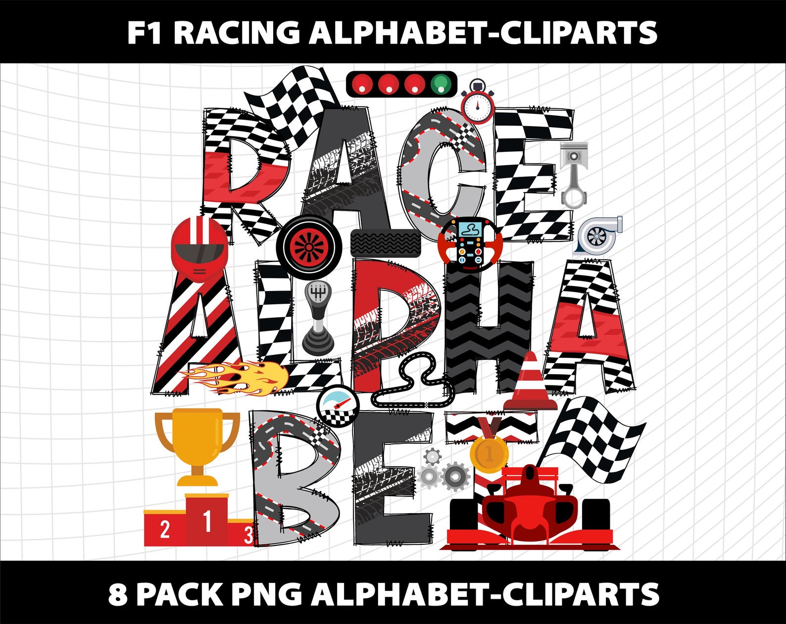 Formula One Lettering F1 Car Racing Doodle Alphabet Letters Cliparts Race Formula 1 GT Bundle ...