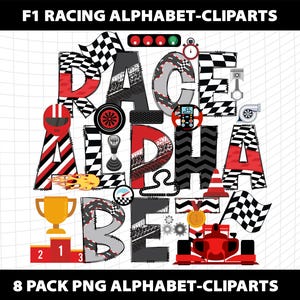 May include: A colorful graphic featuring the word "RACE ALPHABET" with racing-themed elements. The letters are decorated with checkered flags, tire tracks, and racing equipment. Includes a trophy, race car, and the text "8 PACK PNG ALPHABET-CLIPARTS".