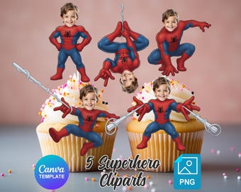 May include: Five superhero cliparts featuring a child dressed as Spider-Man in various poses. The cliparts are red and blue with white web shooters. Two cupcakes with white frosting are in the foreground. The image includes the text "5 Superhero Cliparts" and "PNG".