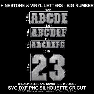 May include: Rhinestone and vinyl letters and big numbers with dimensions labeled in inches. The graphic displays rows of alphabet characters and the number 23, with text reading RHINESTONE & VINYL LETTERS - BIG NUMBERS and SVG DXF PNG SILHOUETTE CRICUT.