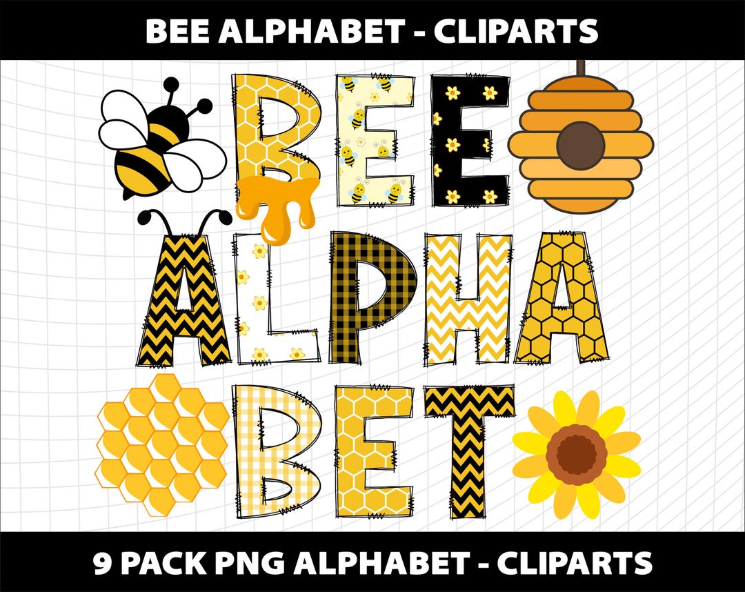 Bee Honey Doodle Alphabet Cliparts Bundle: PNG Font, Sublimation Design ...