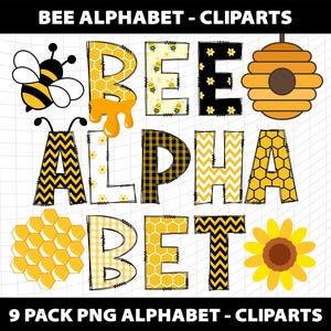 Bee Honey Doodle Alphabet Cliparts Bundle: PNG Font, Sublimation Design Printable Template (Digital Download)