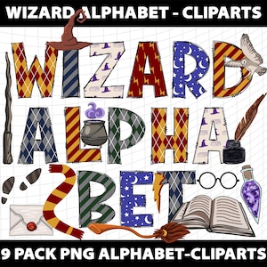 Puede incluir: Un conjunto de imágenes prediseñadas digitales coloridas con las palabras "WIZARD ALPHABET" e ilustraciones temáticas mágicas. Incluye un sombrero de mago, varita, búho, caldero, bufanda, huellas, sobre, gafas, poción, libro y escoba.