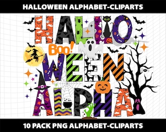 Cliparts del alfabeto de Halloween Doodle, paquete espeluznante, fuente PNG, diseño de plantilla de sublimación (descarga digital), uso comercial imprimible