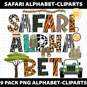 May include: A colorful digital art piece featuring the words "SAFARI ALPHABET" in various animal print patterns and textures. Includes safari-themed illustrations like a jeep, compass, and binoculars. The text "9 PACK PNG ALPHABET-CLIPARTS" is also present.