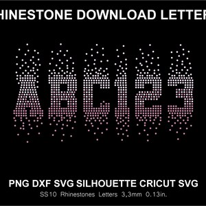 May include: Digital graphic featuring the text RHINESTONE DOWNLOAD LETTERS at the top and PNG DXF SVG SILHOUETTE CRICUT SVG at the bottom. The center displays the characters ABC123 formed by white and pink dots with a 0.13 inch size.