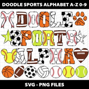 Sports Doodle Svg Png Alphabet Letters Bundle Varsity Basketball Football Baseball Volleyball Soccer Softball Template Download Digital File