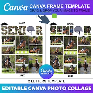 May include: A white and black photo collage template for Canva with the word "SENIOR" in large letters. The letters are made up of smaller photos of horses jumping over fences. The template has space for 12 photos and includes the text "NAME" and "20XX".