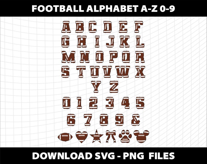 Peut inclure: Graphique num&eacute;rique pr&eacute;sentant l'alphabet et les chiffres du football de A &agrave; Z et de 0 &agrave; 9. Chaque lettre et chiffre est con&ccedil;u pour ressembler &agrave; un ballon de football. Des graphiques suppl&eacute;mentaires incluent un ballon de football, un c&oelig;ur, une &eacute;toile, un n&oelig;ud, une empreinte de patte et une t&ecirc;te de Mickey Mouse.