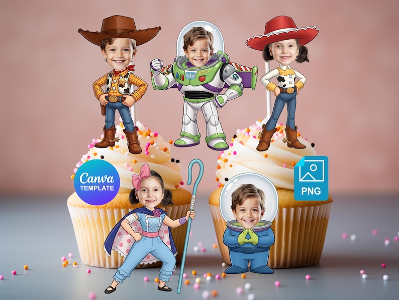 Op de afbeelding: Cupcake toppers met cartoon illustraties van personages uit een populaire animatiefilm. De toppers zijn onder andere een cowboy, een ruimteranger, een cowgirl, een herderin en een astronaut. De cupcakes zijn versierd met witte glazuur en hagelslag.
