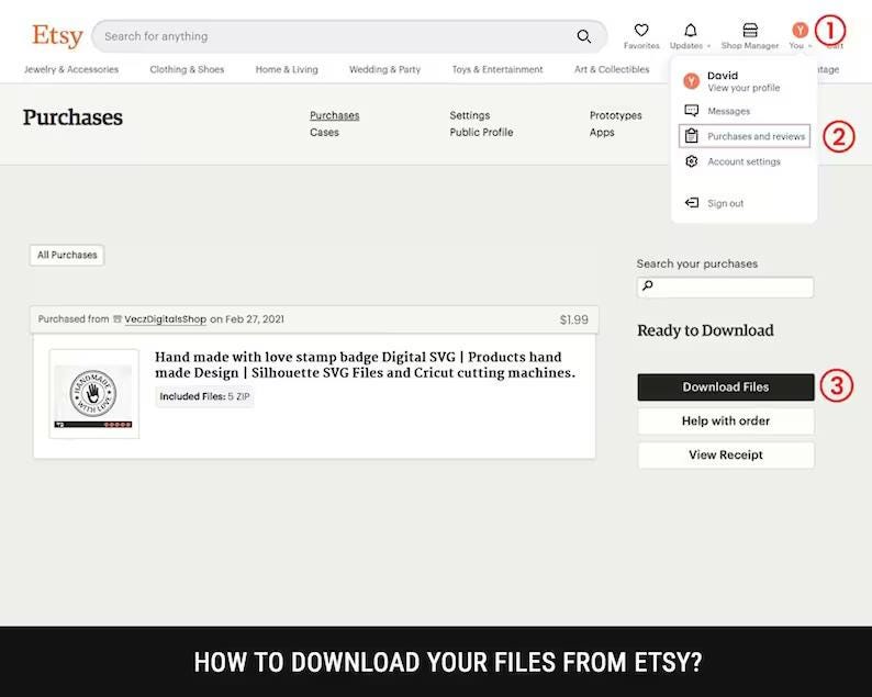 Op de afbeelding: Schermafbeelding van een Etsy-aankoop pagina. De pagina toont een digitale SVG-bestand aankoop, met een "Bestanden downloaden" knop. Het profielmenu van de gebruiker is geopend en toont "Aankopen en beoordelingen".