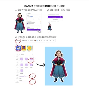 Op de afbeelding: Een gids over het maken van een Canva sticker border. De stappen omvatten het downloaden van een PNG-bestand, het uploaden van een PNG-bestand en het bewerken van de afbeelding met schaduweffecten. De afbeelding toont een meisje in een blauwe en paarse jurk.
