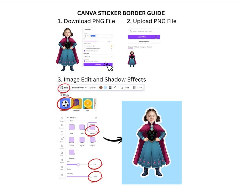 Op de afbeelding: Een gids over het maken van een Canva sticker border. De stappen omvatten het downloaden van een PNG-bestand, het uploaden van een PNG-bestand en het bewerken van de afbeelding met schaduweffecten. De afbeelding toont een meisje in een blauwe en paarse jurk.