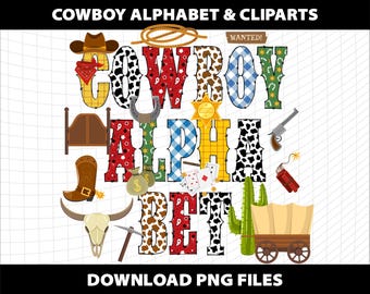 Paquete de imágenes prediseñadas de letras del alfabeto de Cowboy Doodle, fuente PNG, sublimación, plantilla DTF, descarga digital, uso comercial, imprimible.